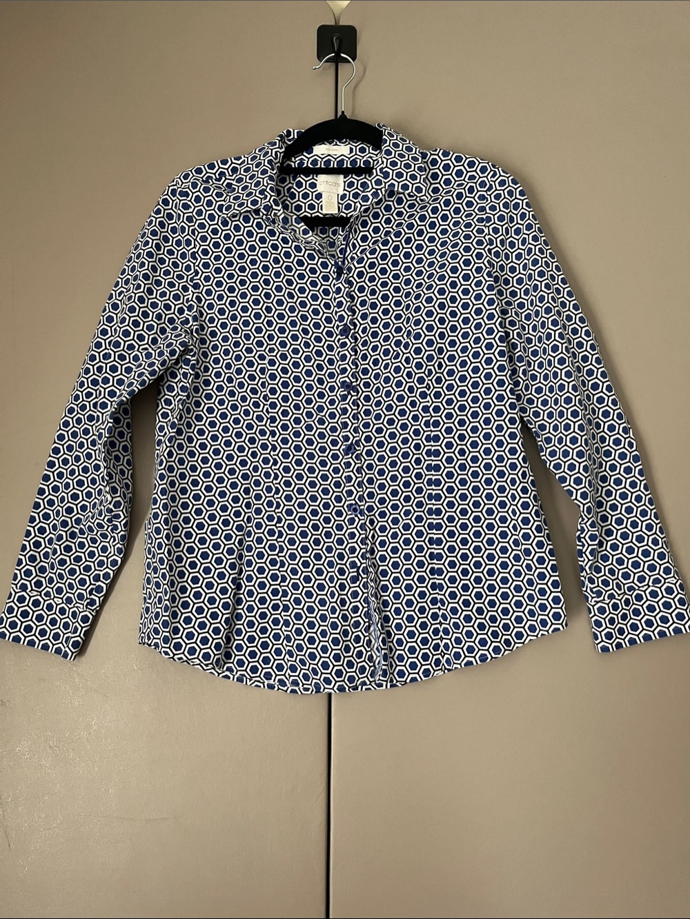 Chico's Blue and White Geometric Button-Down Shirt